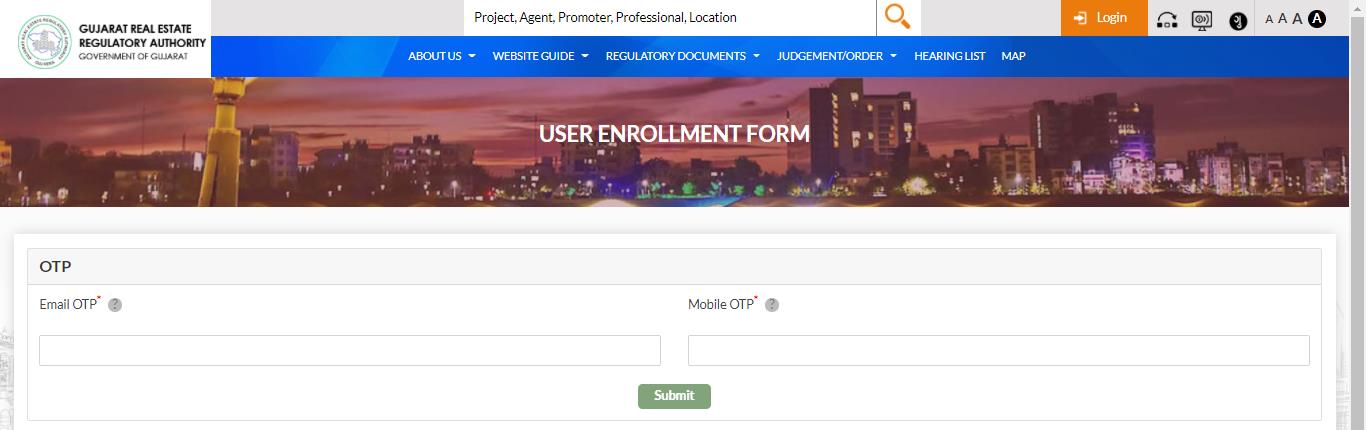 GujRERA OTP verification form for Citizen account with Email OTP and Mobile OTP fields