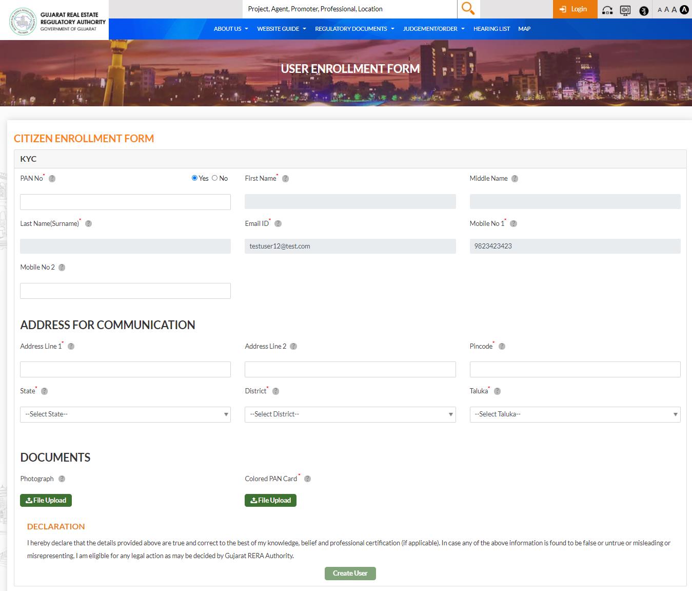 GujRERA Citizen Enrollment Form showing PAN option, name, email, mobile, address fields and optional document uploads