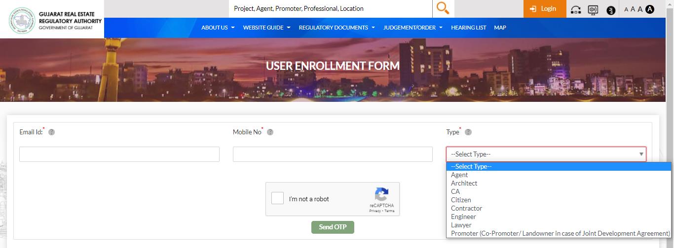 GujRERA User Enrollment Form with Email, Mobile and Citizen type selected in dropdown