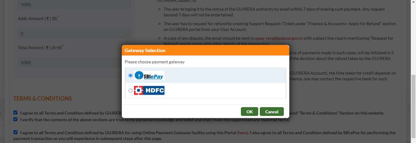 GujRERA payment Gateway Selection popup showing SBI ePay radio button selected and HDFC radio button below, with OK and Cancel buttons