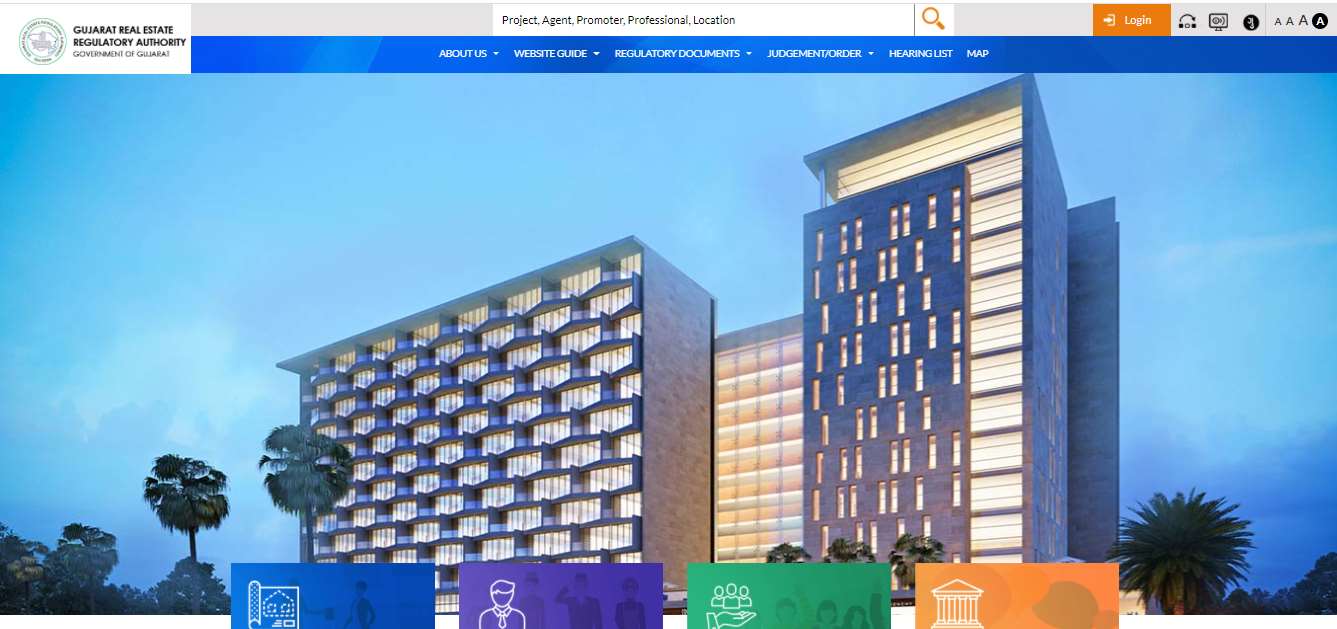 GujRERA portal homepage showing the Gujarat Real Estate Regulatory Authority header, navigation bar with About Us, Website Guide, Regulatory Documents, Judgement/Order, Hearing List and Map, and the Login button at the top right