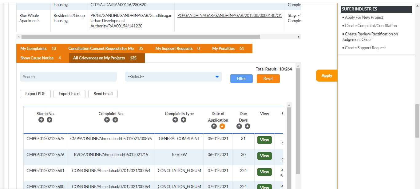 GujRERA Promoter Dashboard showing All Grievances on My Projects tab active with 135 grievances, table showing Stamp No, Complaint No, Complaints Type including GENERAL COMPLAINT, REVIEW and CONCILIATION FORUM, Date of Application, Due Days column and View buttons