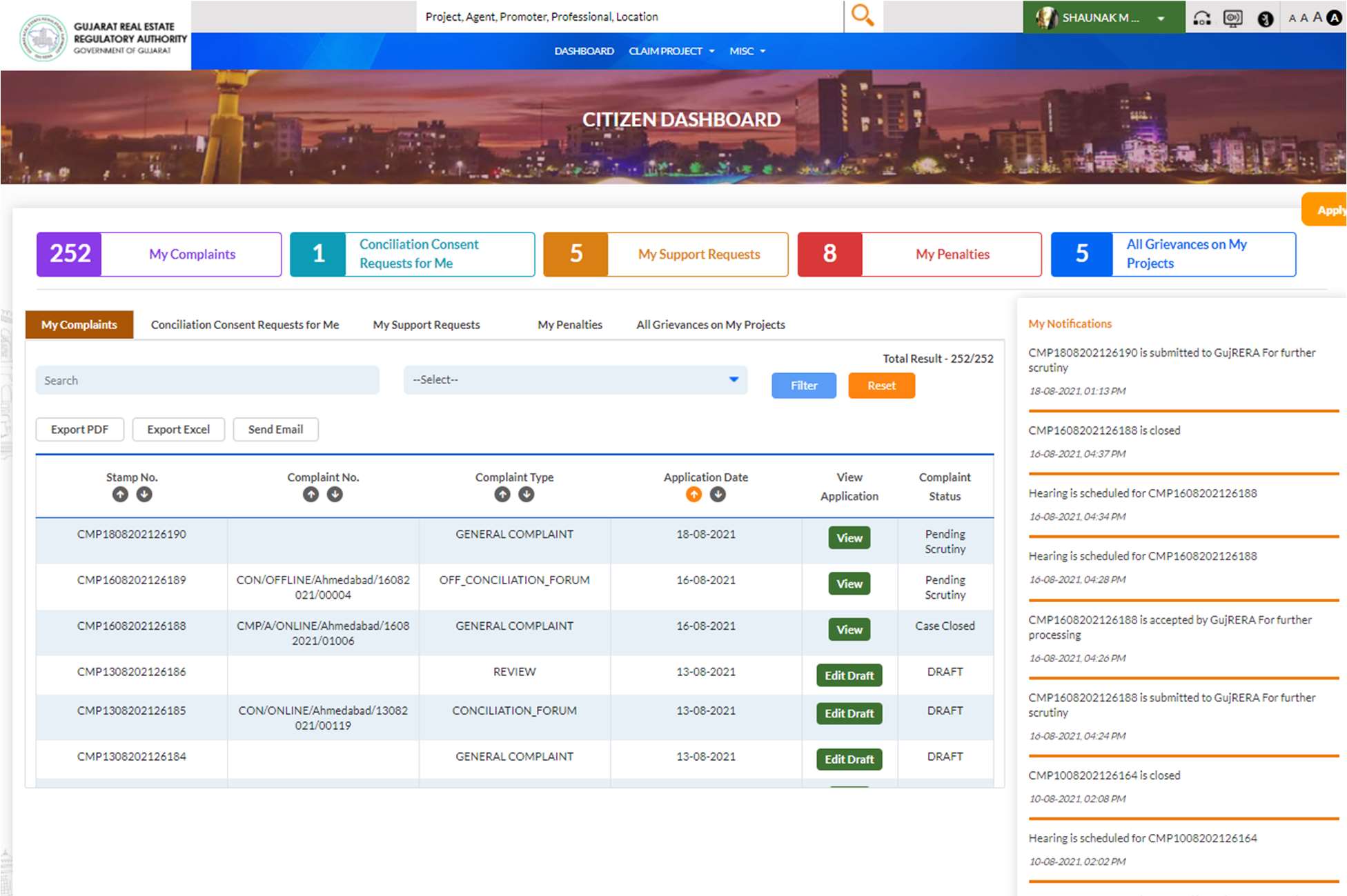 GujRERA Citizen Dashboard My Complaints tab showing list including entries with Complaint Type CONCILIATION_FORUM and OFF_CONCILIATION_FORUM, GENERAL_COMPLAINT and REVIEW types, statuses Pending Scrutiny and Case Closed, with View buttons and My Notifications panel