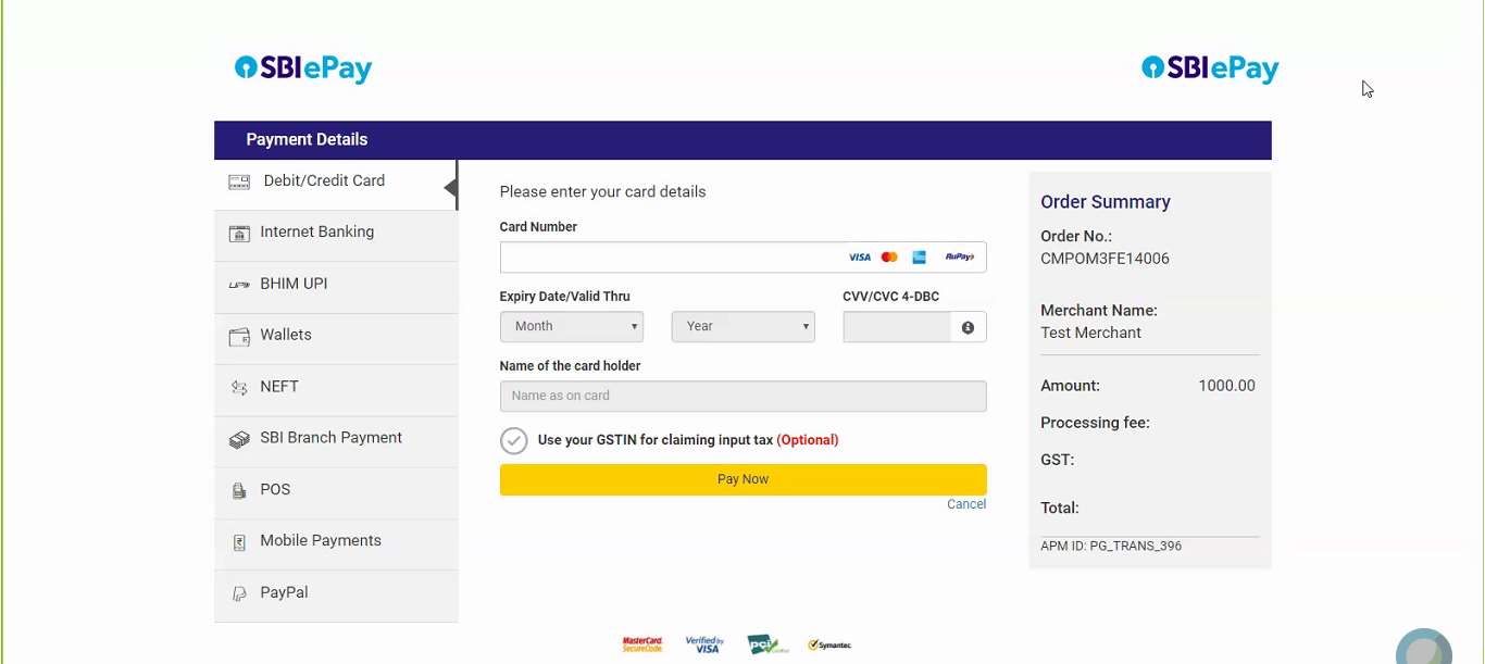 SBI ePay payment gateway showing Debit/Credit Card tab selected with Card Number, Expiry Date, CVV fields, Order Summary showing Amount 1000.00 and Pay Now button