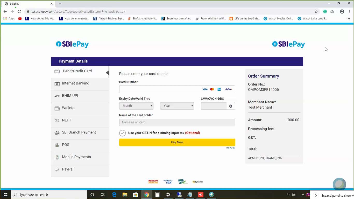 SBI ePay payment page for GujRERA Defect Liability showing Debit Credit Card option, Card Number, Expiry, CVV fields, Order No. CMPOM3FE14006, Amount 1000.00, and all payment method options