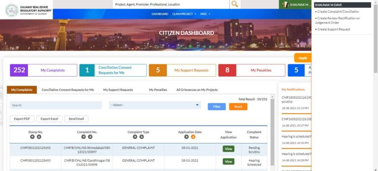 GujRERA Citizen Dashboard showing the Apply quick-links panel on the right with the Create Review/Rectification on Judgement Order option highlighted
