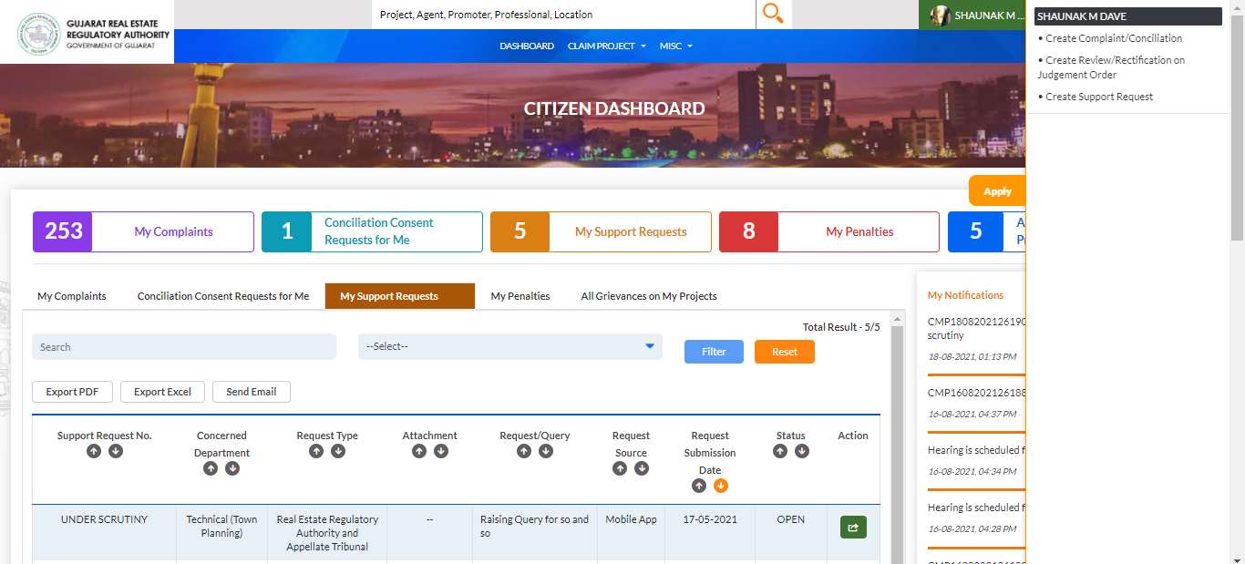 GujRERA Citizen Dashboard showing My Support Requests tab with UNDER SCRUTINY status ticket and Apply quick-links panel on right with Create Support Request option